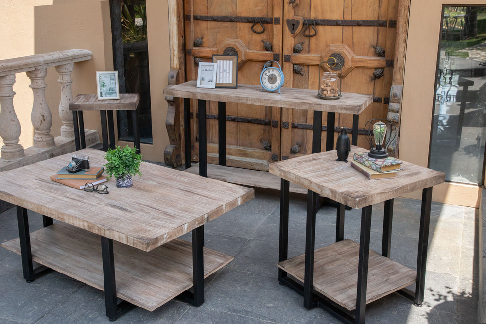 Old Wood-Mesa auxiliar con base de hierro