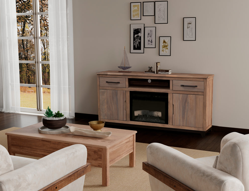 Natural Parota-2 Drawer 2 Door Fireplace TV Stand
