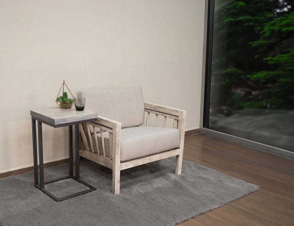 Vista-Mesa lateral con base de metal, cubierta de madera
