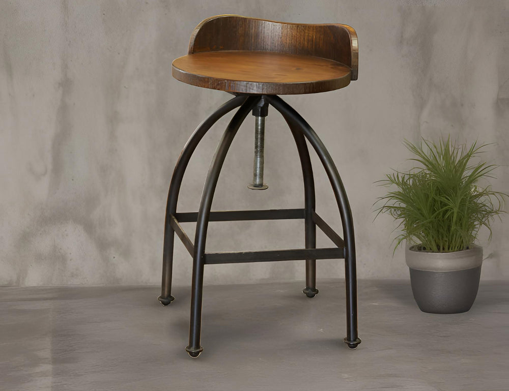 Pueblo-Wooden Seat Adjustable 24-30" Swivel Iron Base Barstool