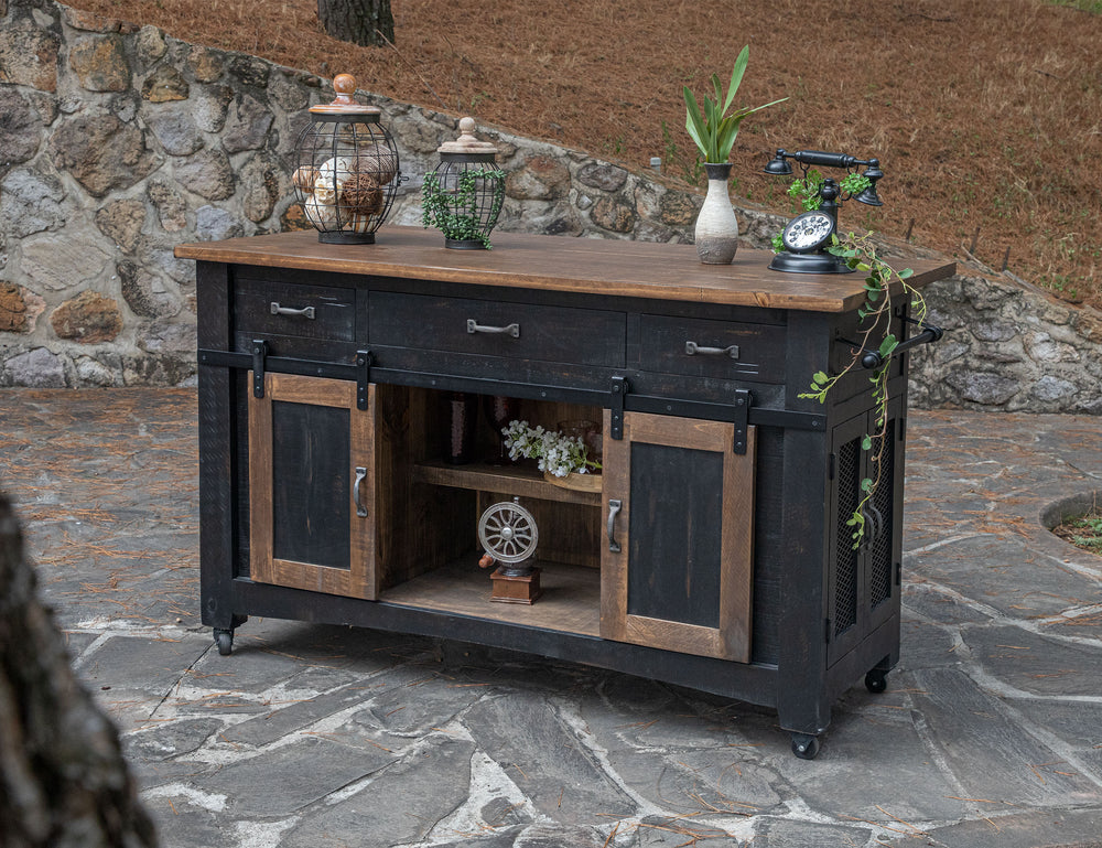 Pueblo Black-Isla de cocina, 3 cajones, 2 puertas corredizas, 2 puertas de malla en cada lado