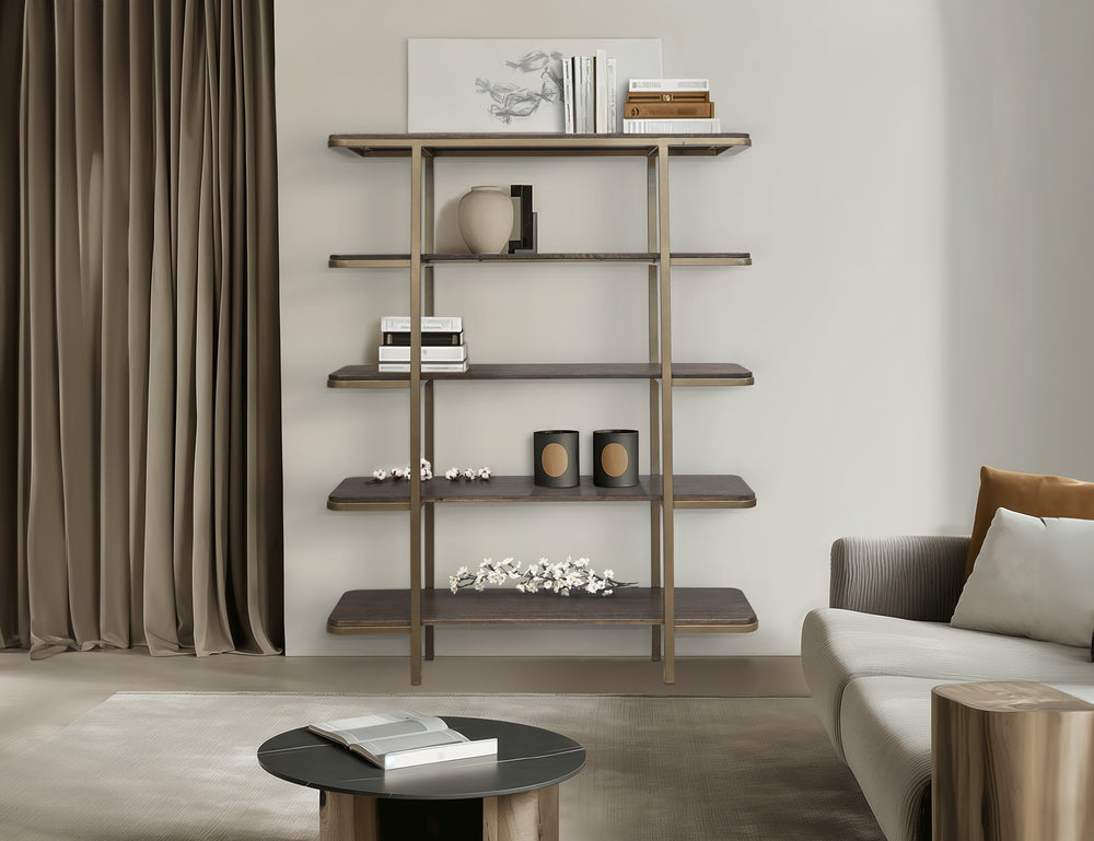 Onix-Librero, estructura de metal, base de madera, 4 entrepaños