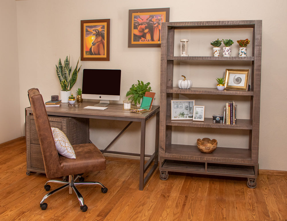 Urban Gray-Librero de madera 70", 5 entrepaños, base y ruedas de metal